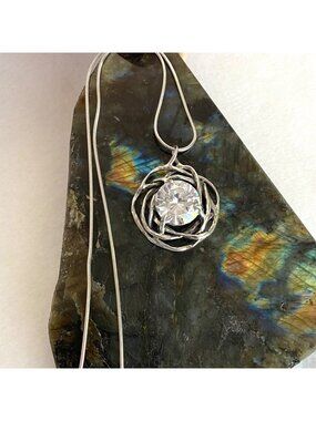 Sterling Silver 925 PZ Israel Large Round Modernist CZ Pendant Necklace 18"